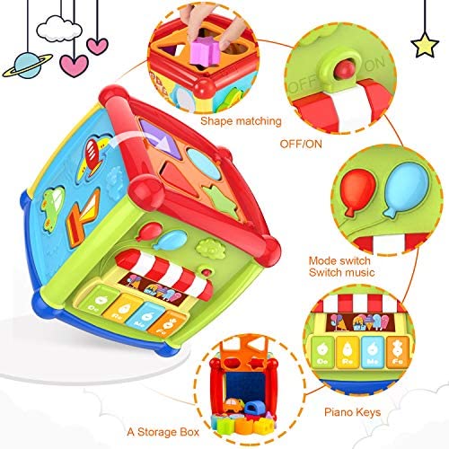 Baby Activity Cube - 6-in-1 Musical Baby Learning Toys, Play Set Includes A-B-C-D Letters, Colorful Shape Sorter, Vehicles Puzzle, 4 Piano Keys and More - ASTM Certified Toddler Toys