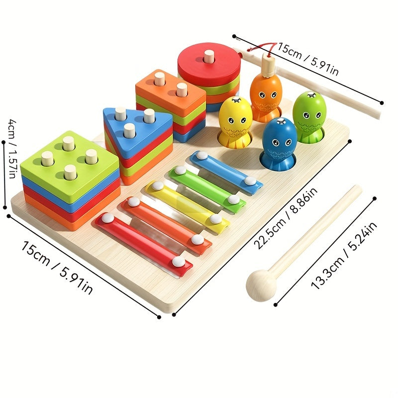 Wooden Stacking and Sorting Board with 16 Geometric Shape Puzzles