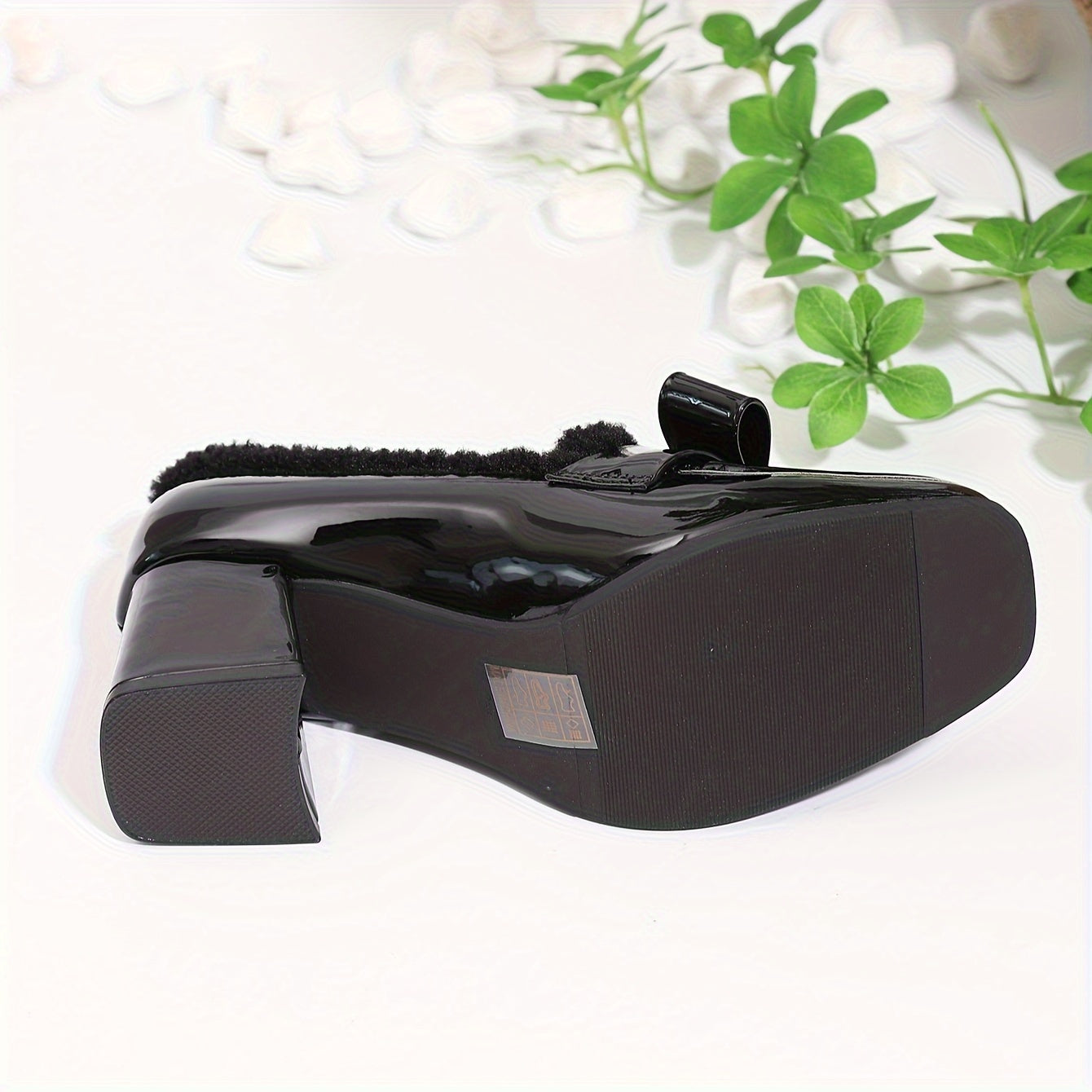 Chic Black Square-Toe Loafers for Women - Fashionable Plush Lined Chunky Heel Pumps, Versatile & Warm for Winter