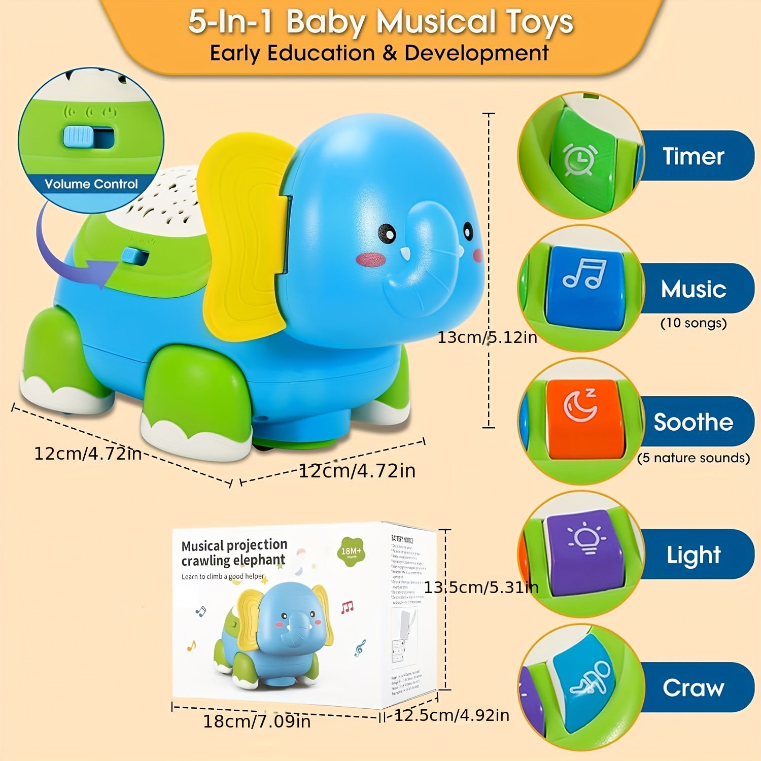 USATDD Baby Crawling Elephant Musical Toy