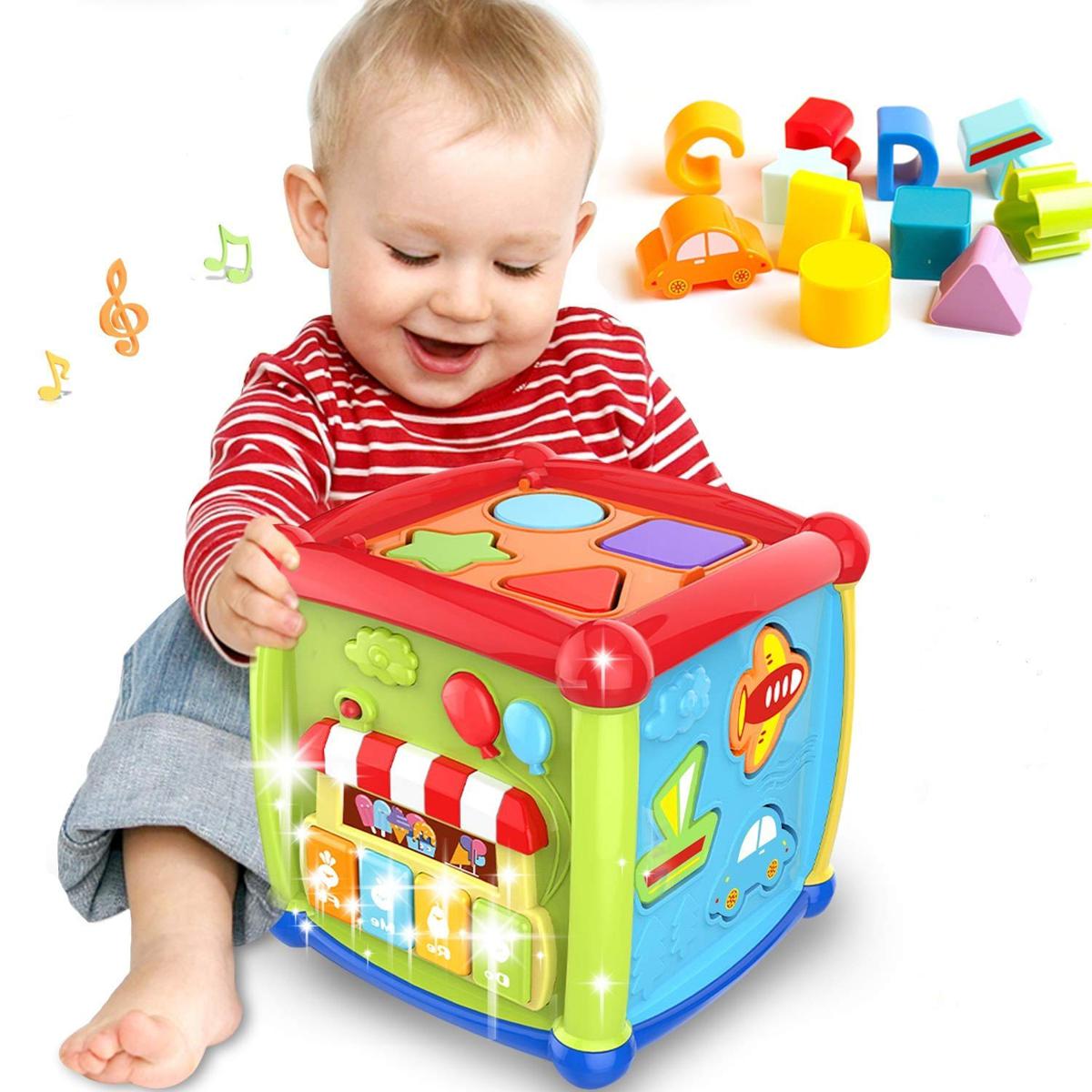 Baby Activity Cube - 6-in-1 Musical Baby Learning Toys, Play Set Includes A-B-C-D Letters, Colorful Shape Sorter, Vehicles Puzzle, 4 Piano Keys and More - ASTM Certified Toddler Toys