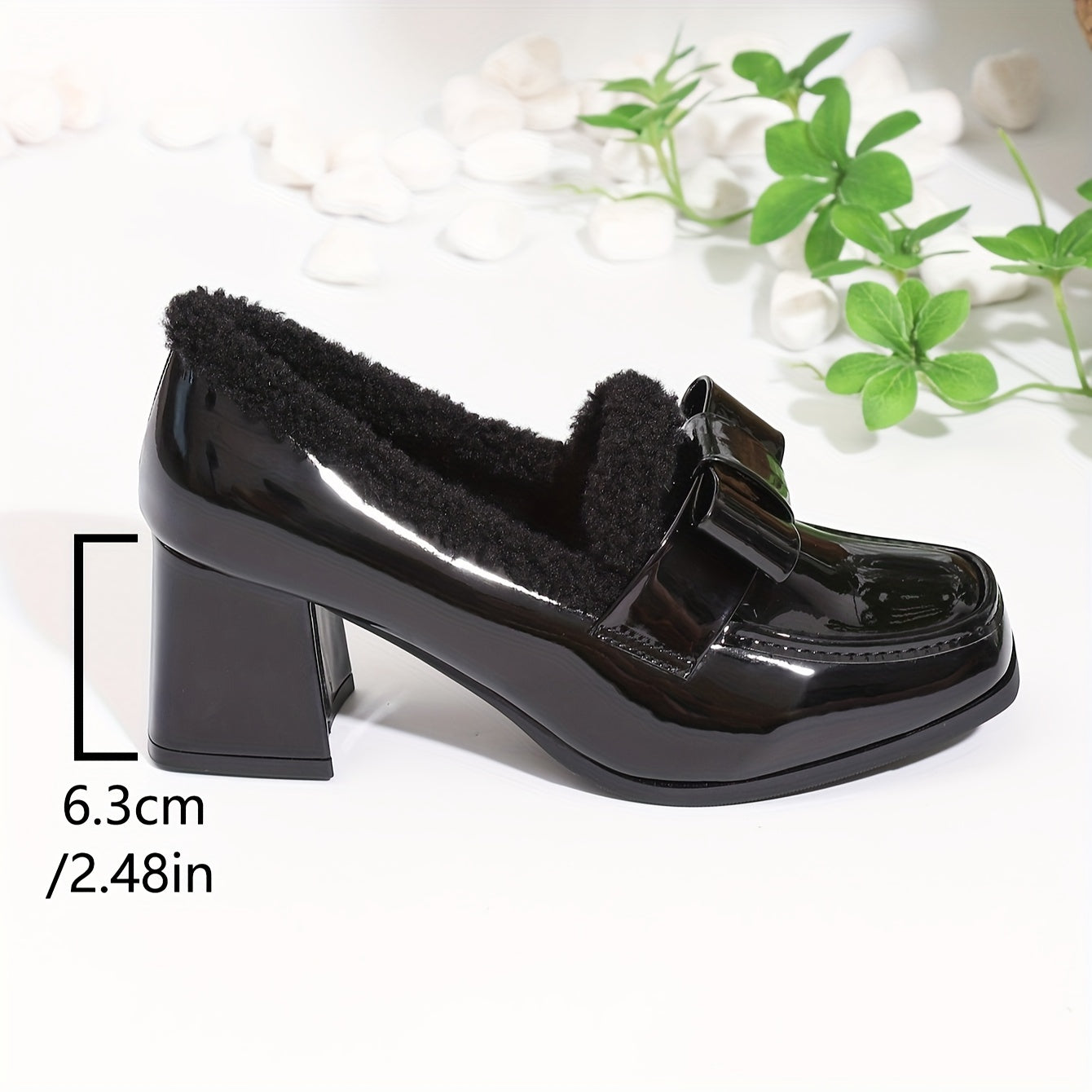 Chic Black Square-Toe Loafers for Women - Fashionable Plush Lined Chunky Heel Pumps, Versatile & Warm for Winter