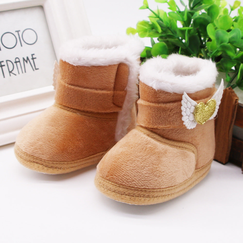 Newborn Baby Girl Plush Snow Booties Keep Warm Shoes Non-Slip Sneaker Walking Soft-Soled Breathable Heart Wings First Walkers