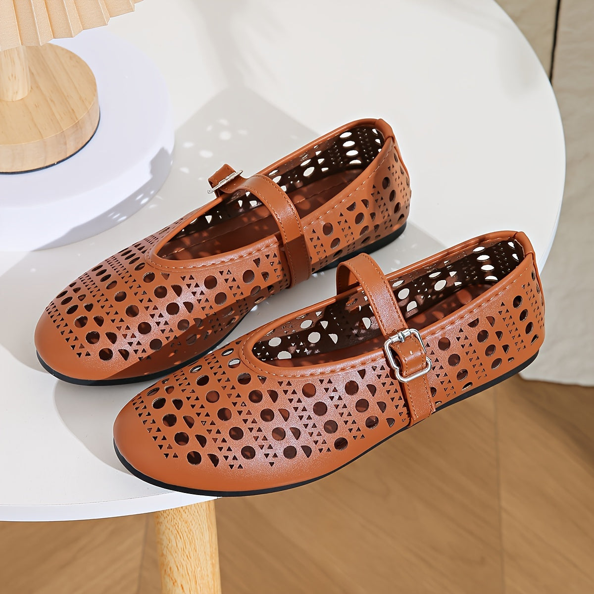 Fashion Breathable Cut-Out Flats for Women, All-Season Mary-Jane Style Ballet Shoes with Round Toe and Buckle Strap, Solid Color Synthetic Upper with Rubber Sole