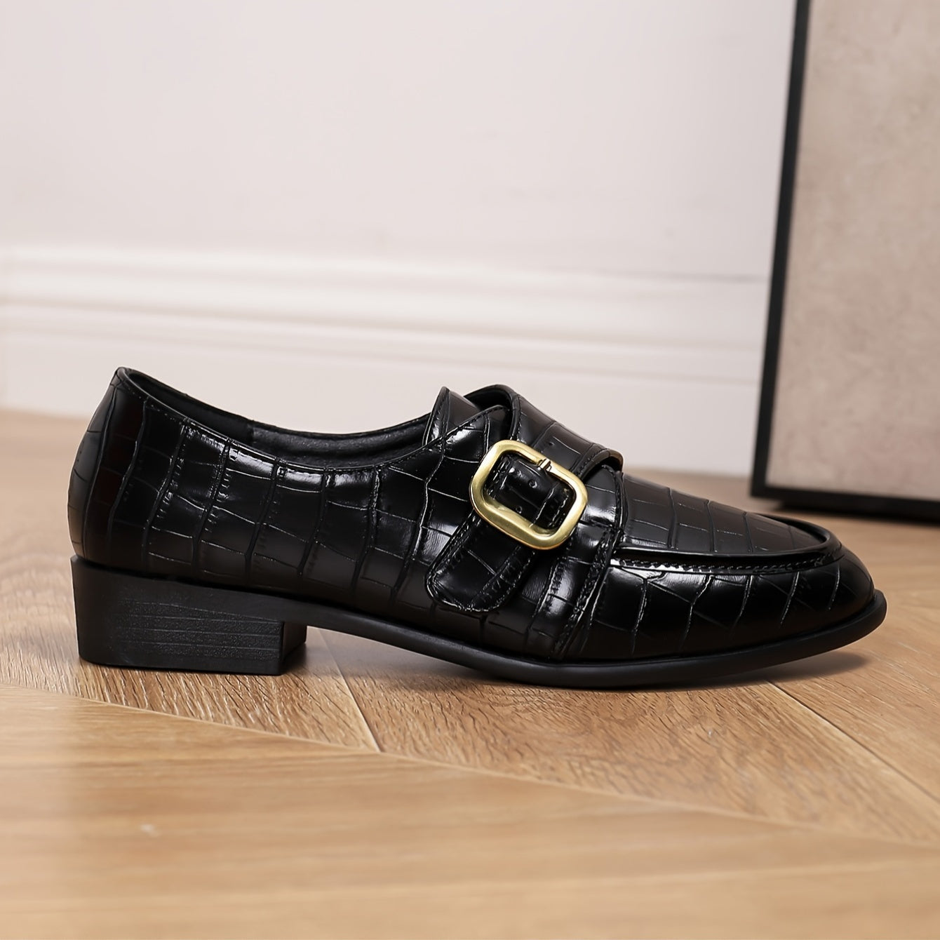 Women's Casual Black Loafers with Metal Buckle, Crocodile Pattern Chunky Heel, Comfortable Punk Style Slip-On Penny Shoes