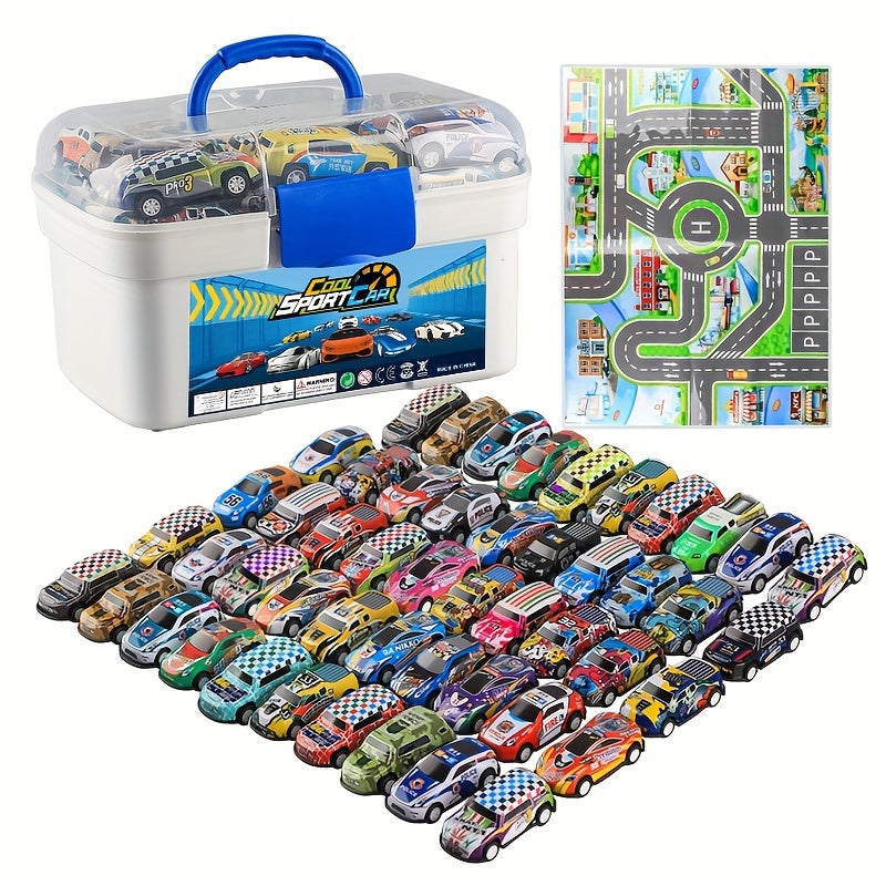 50-Pack Diecast Vehicle Set with Pull Back Action and Storage Box