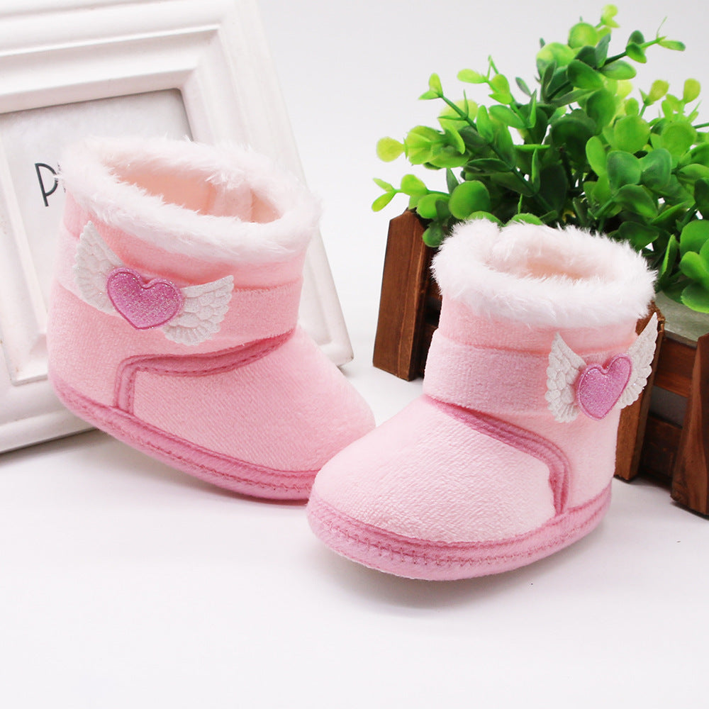Newborn Baby Girl Plush Snow Booties Keep Warm Shoes Non-Slip Sneaker Walking Soft-Soled Breathable Heart Wings First Walkers