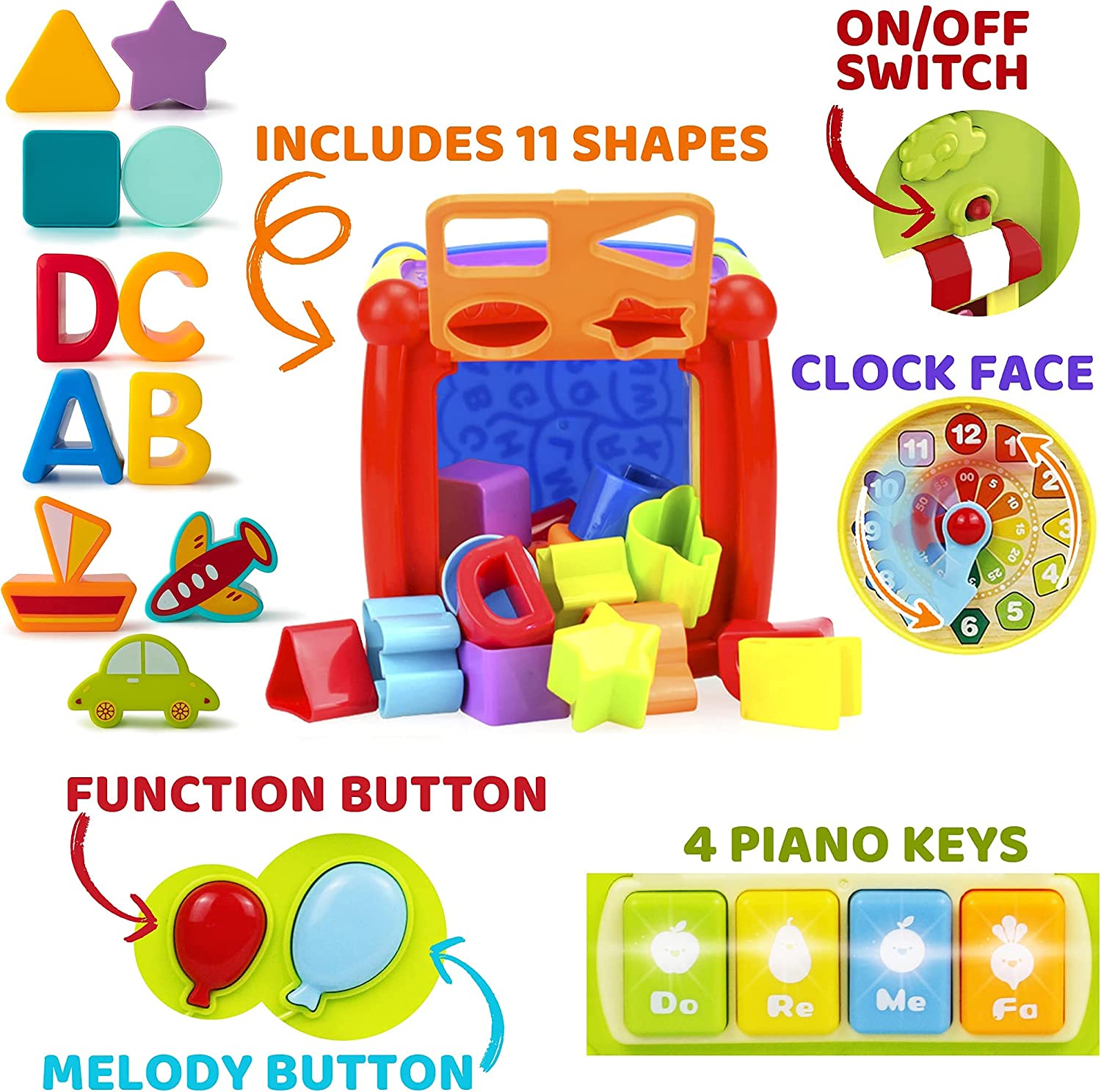 Baby Activity Cube - 6-in-1 Musical Baby Learning Toys, Play Set Includes A-B-C-D Letters, Colorful Shape Sorter, Vehicles Puzzle, 4 Piano Keys and More - ASTM Certified Toddler Toys