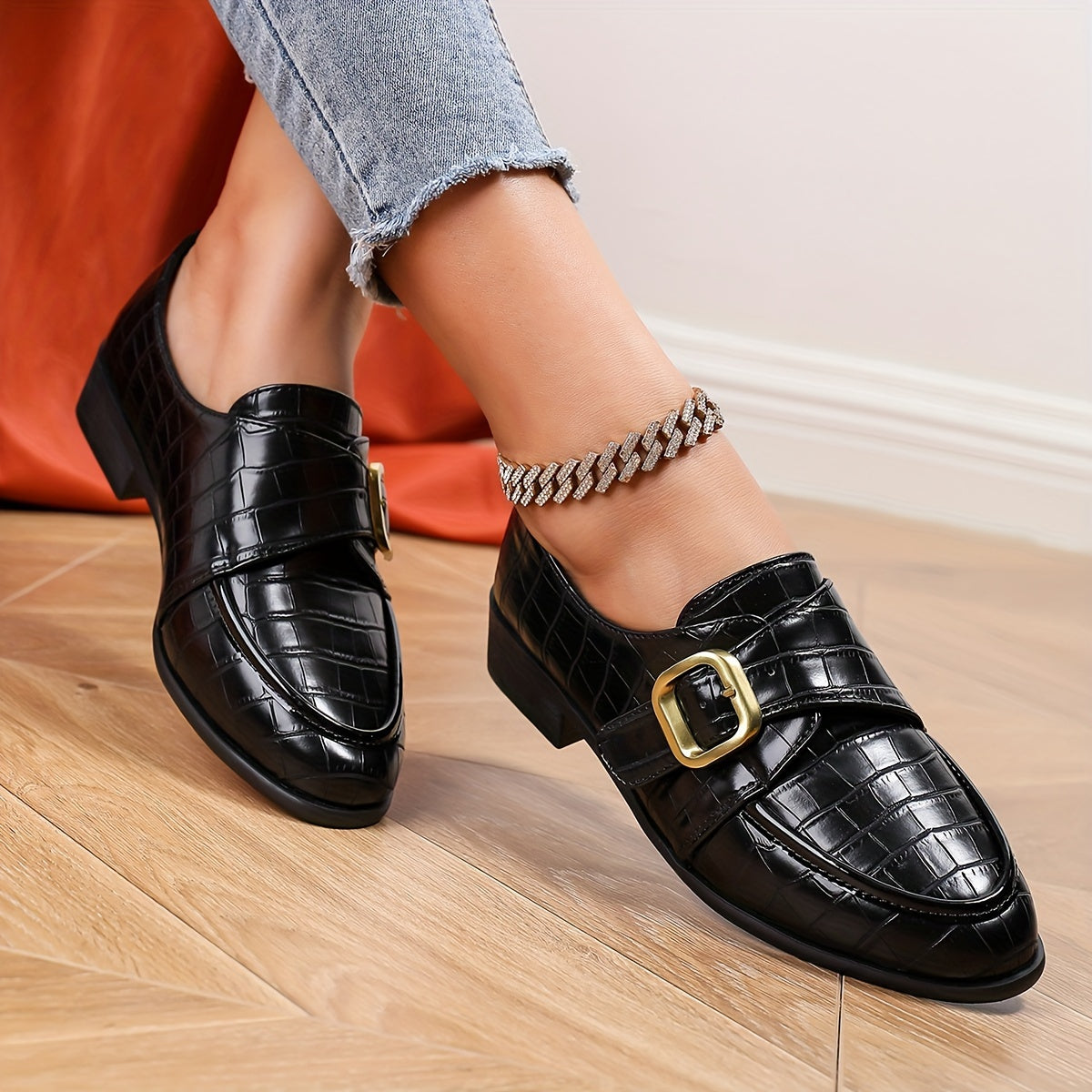 Women's Casual Black Loafers with Metal Buckle, Crocodile Pattern Chunky Heel, Comfortable Punk Style Slip-On Penny Shoes
