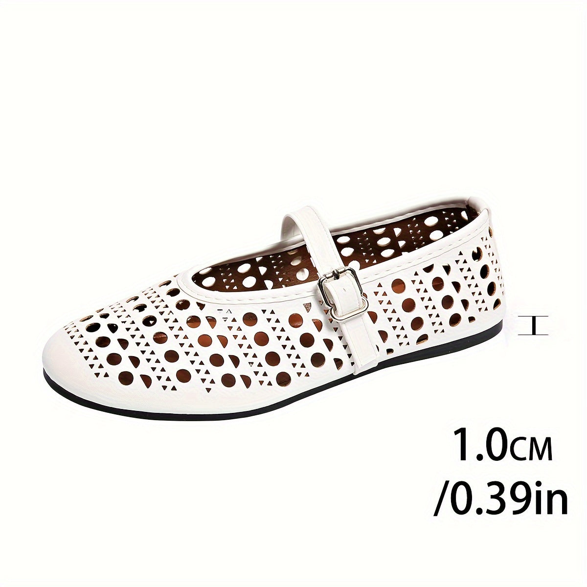 Fashion Breathable Cut-Out Flats for Women, All-Season Mary-Jane Style Ballet Shoes with Round Toe and Buckle Strap, Solid Color Synthetic Upper with Rubber Sole