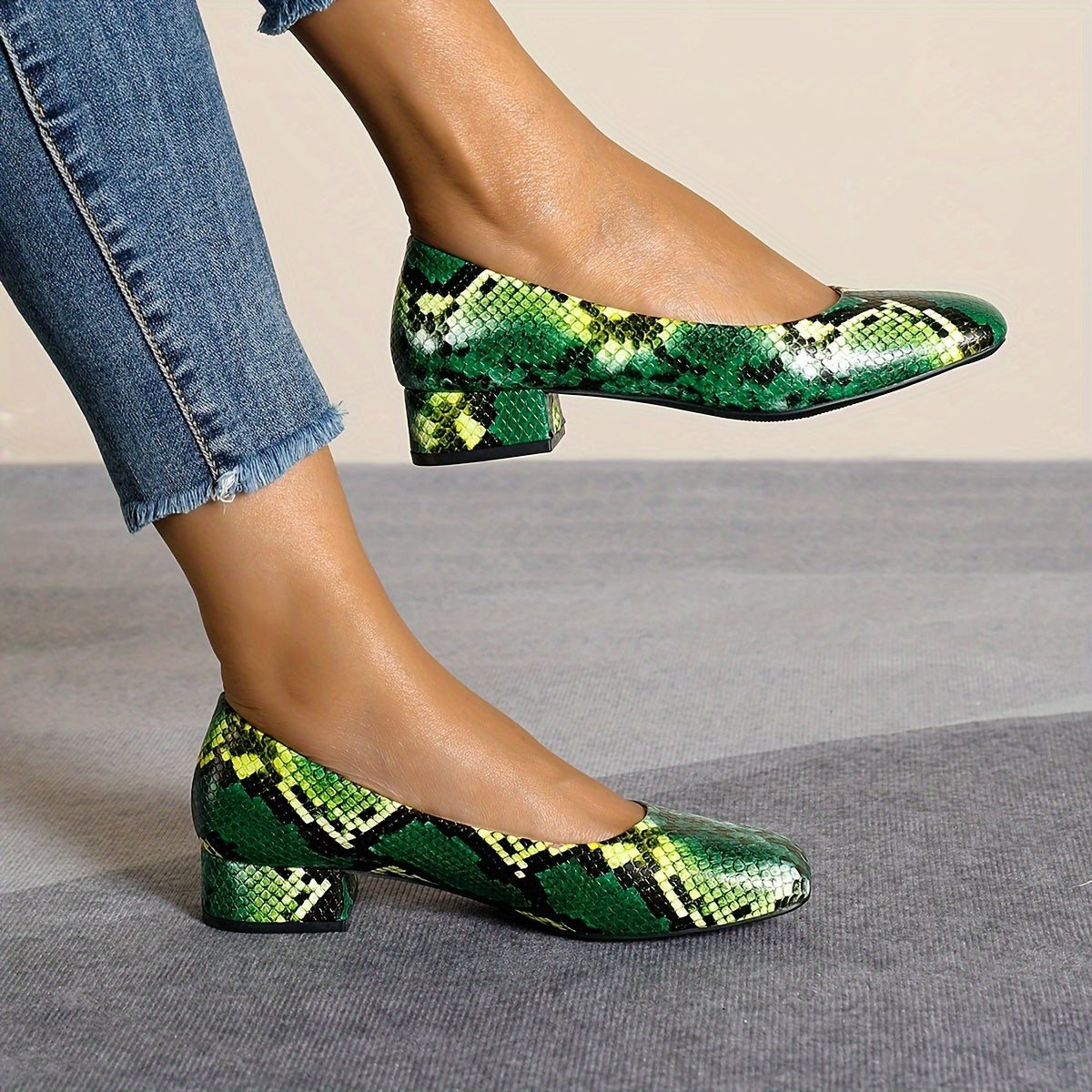 Casual Snakeskin Pumps for Women - Microfiber Square Toe Block Heel Shoes with Rubber Sole, Lightweight All-Season Comfort, Hand Washable Middle East Collection