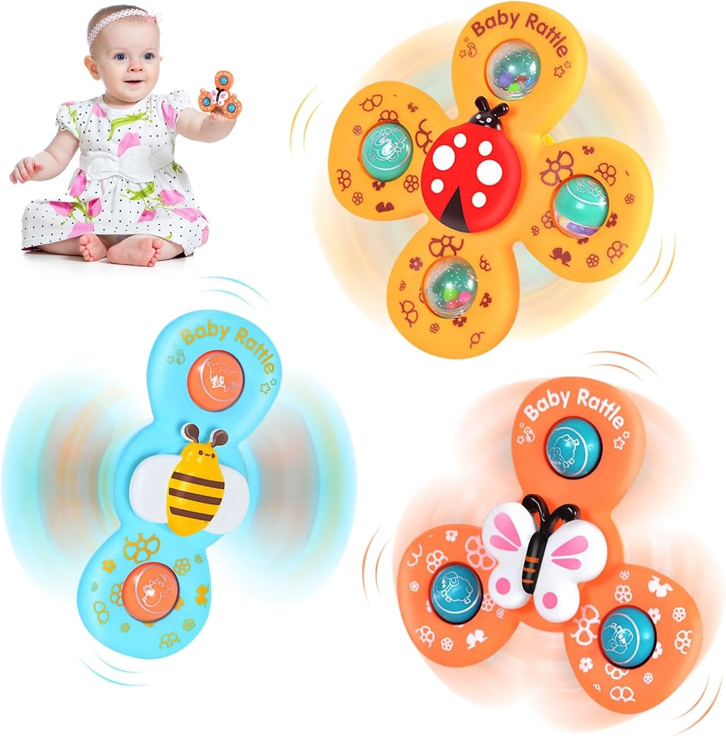 3pcs Baby Rattles Set with Suction Cup Spinner Toy for On-the-Go Fun deal for Travel, Dining Table, and Bathroom Use