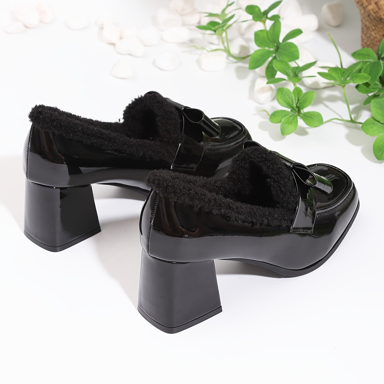 Chic Black Square-Toe Loafers for Women - Fashionable Plush Lined Chunky Heel Pumps, Versatile & Warm for Winter