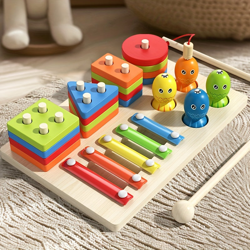 Wooden Stacking and Sorting Board with 16 Geometric Shape Puzzles