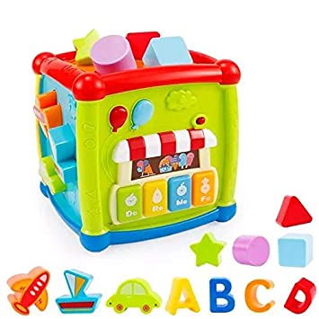 Baby Activity Cube - 6-in-1 Musical Baby Learning Toys, Play Set Includes A-B-C-D Letters, Colorful Shape Sorter, Vehicles Puzzle, 4 Piano Keys and More - ASTM Certified Toddler Toys