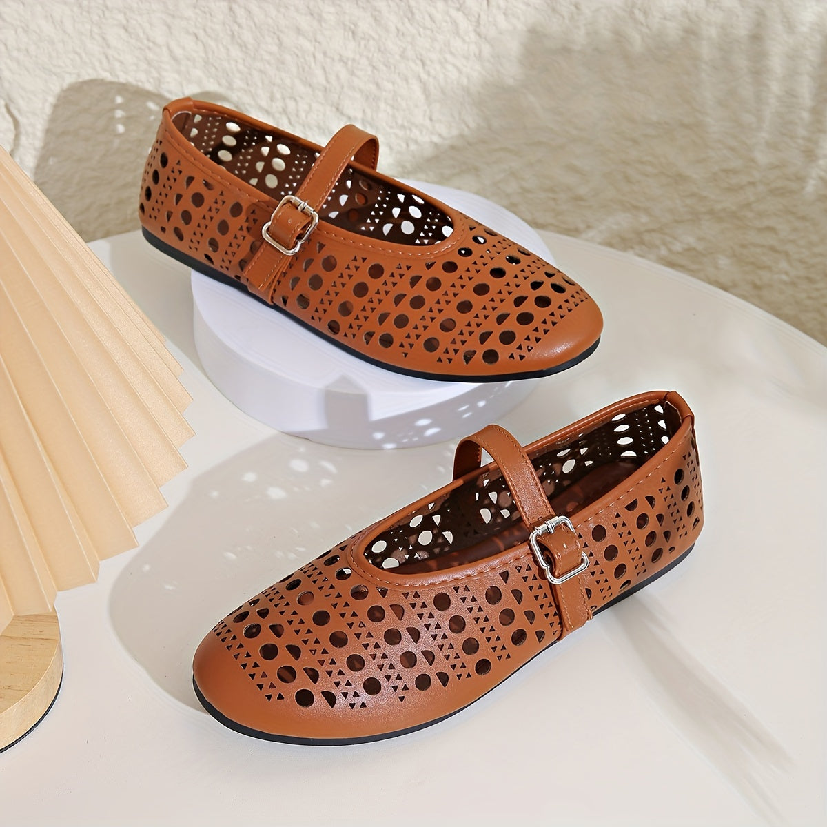 Fashion Breathable Cut-Out Flats for Women, All-Season Mary-Jane Style Ballet Shoes with Round Toe and Buckle Strap, Solid Color Synthetic Upper with Rubber Sole