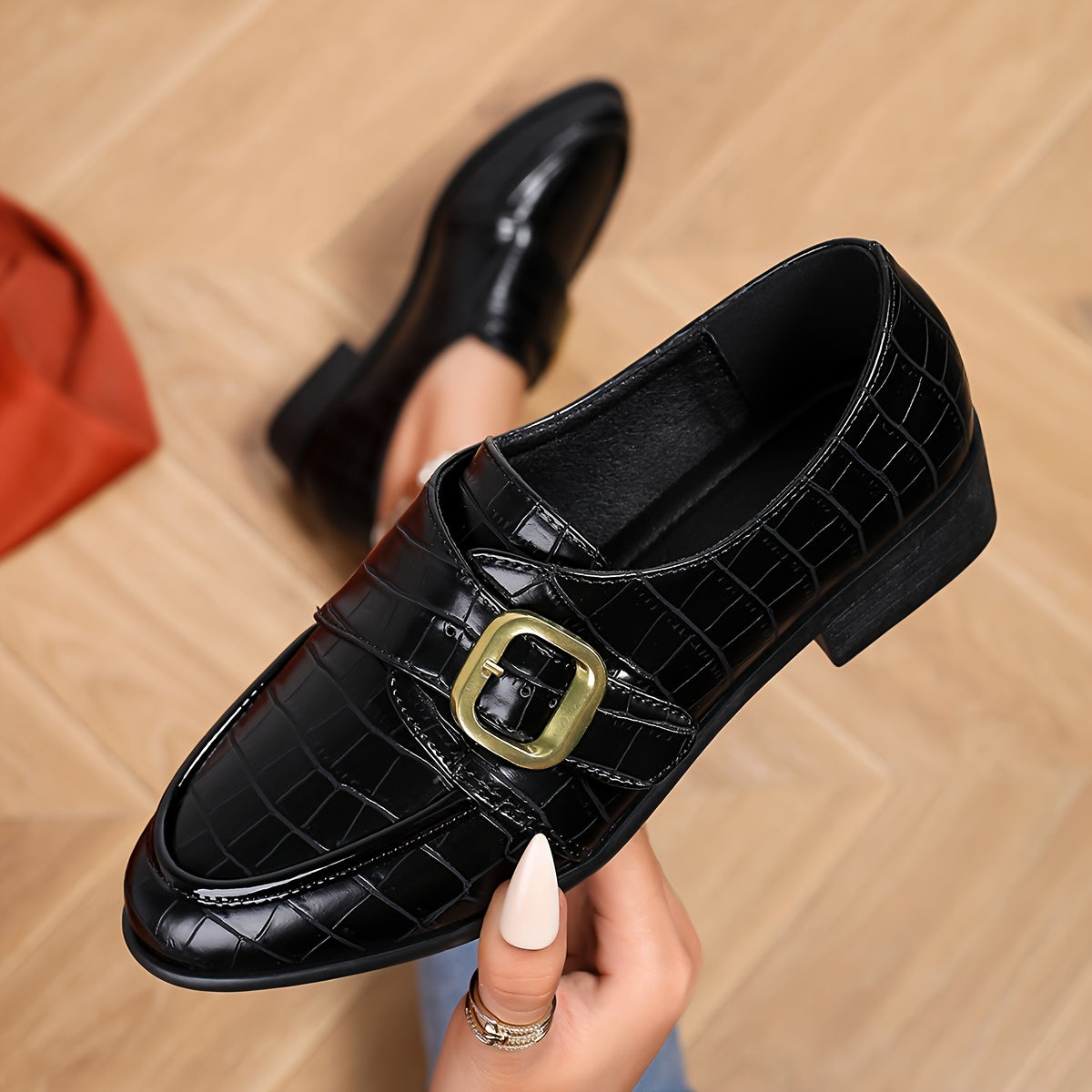 Women's Casual Black Loafers with Metal Buckle, Crocodile Pattern Chunky Heel, Comfortable Punk Style Slip-On Penny Shoes