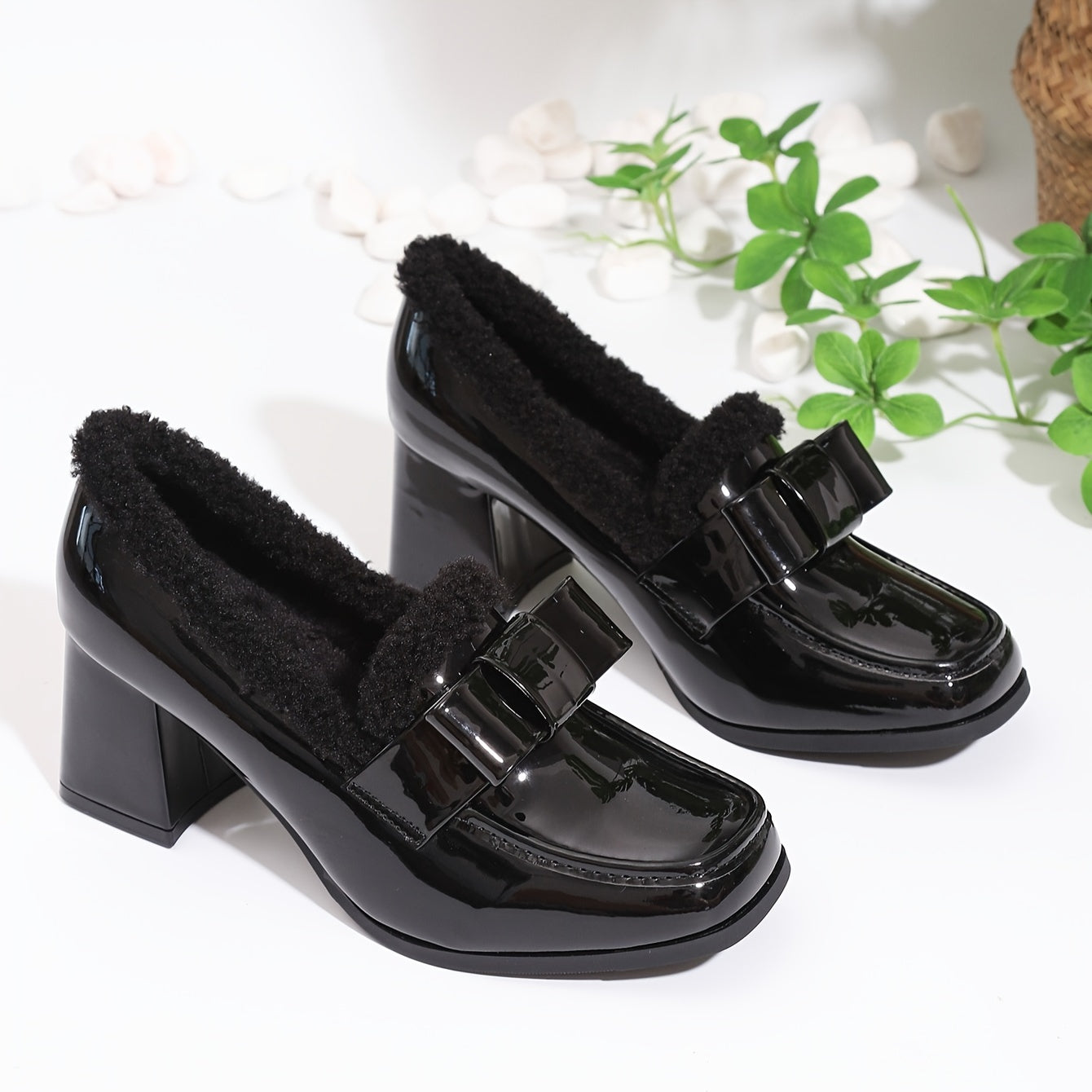 Chic Black Square-Toe Loafers for Women - Fashionable Plush Lined Chunky Heel Pumps, Versatile & Warm for Winter