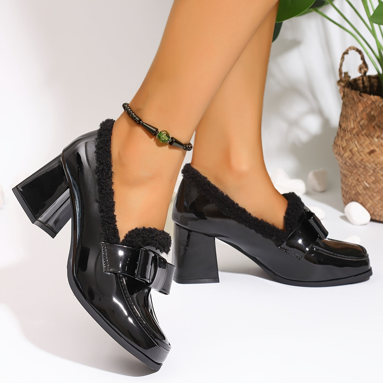 Chic Black Square-Toe Loafers for Women - Fashionable Plush Lined Chunky Heel Pumps, Versatile & Warm for Winter