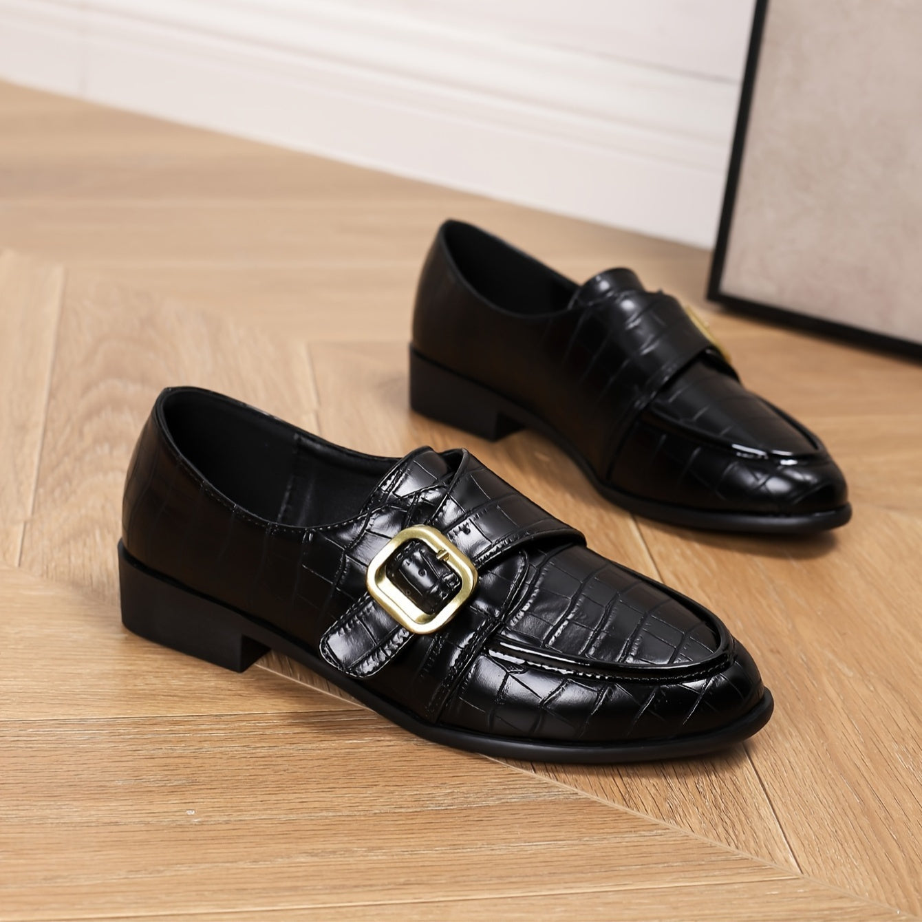 Women's Casual Black Loafers with Metal Buckle, Crocodile Pattern Chunky Heel, Comfortable Punk Style Slip-On Penny Shoes