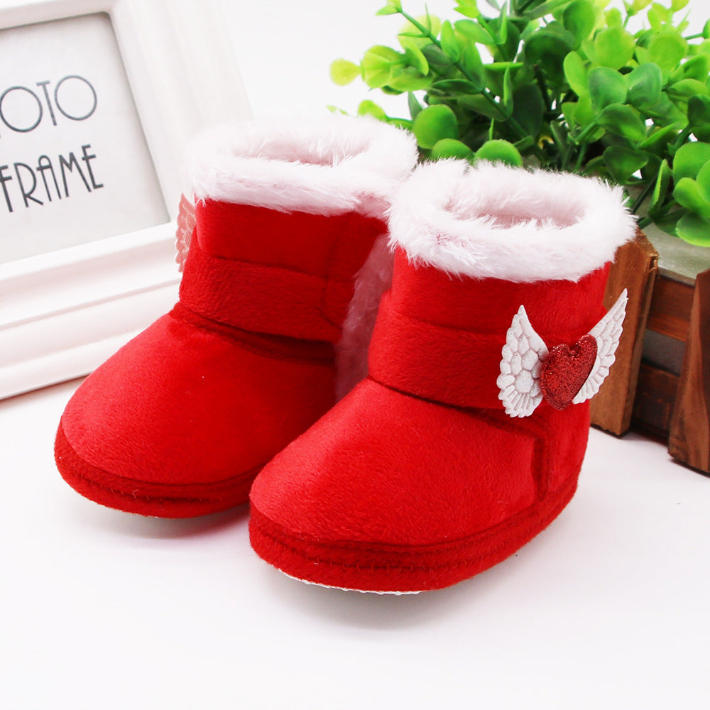 Newborn Baby Girl Plush Snow Booties Keep Warm Shoes Non-Slip Sneaker Walking Soft-Soled Breathable Heart Wings First Walkers
