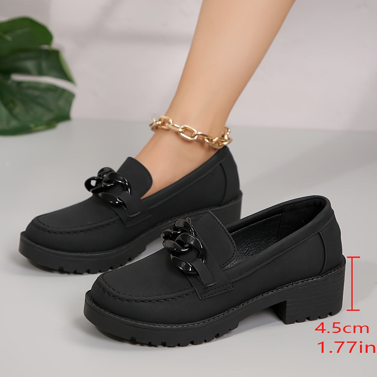 Elegant Women's Solid Color Loafers with Metallic Buckle - Comfortable Slip-On Platform Shoes, Round Toe Dress Footwear