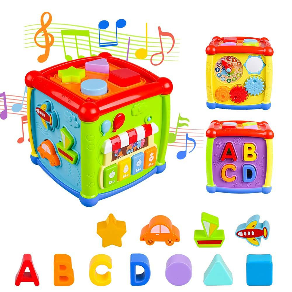 Baby Activity Cube - 6-in-1 Musical Baby Learning Toys, Play Set Includes A-B-C-D Letters, Colorful Shape Sorter, Vehicles Puzzle, 4 Piano Keys and More - ASTM Certified Toddler Toys