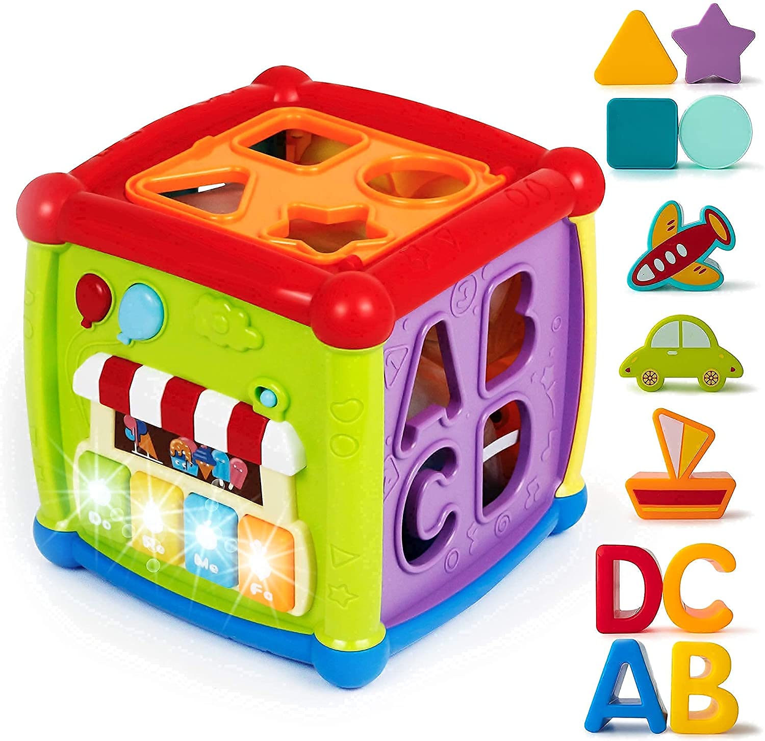 Baby Activity Cube - 6-in-1 Musical Baby Learning Toys, Play Set Includes A-B-C-D Letters, Colorful Shape Sorter, Vehicles Puzzle, 4 Piano Keys and More - ASTM Certified Toddler Toys