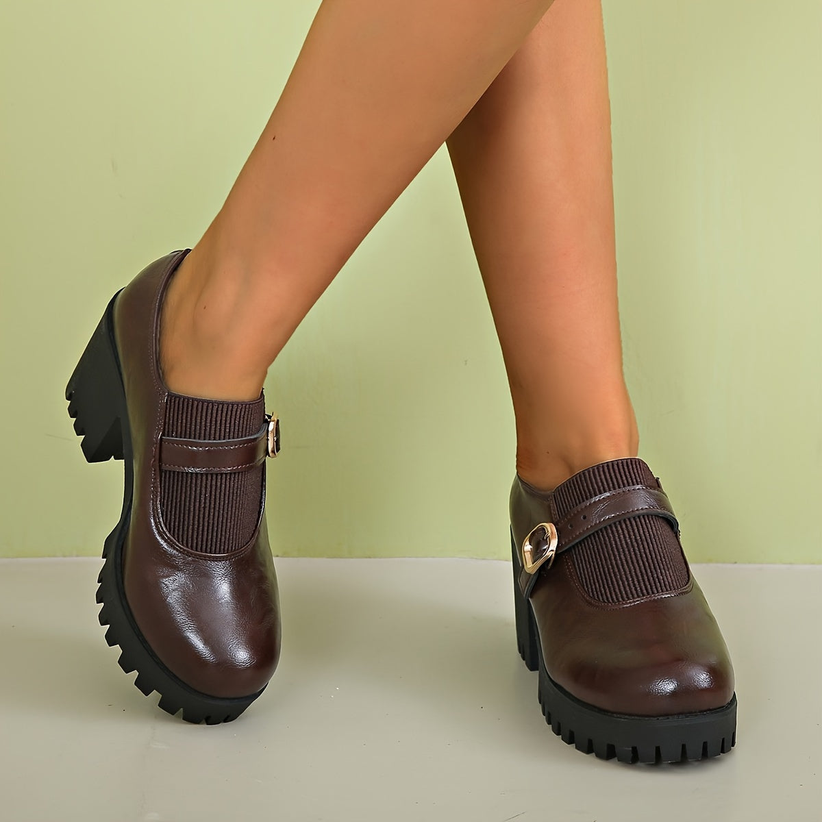 Women'S High Heel Shoes Autumn And Winter New Round Toe Deep Mouth Thick Heel Thick Sole Lightweight Loafers