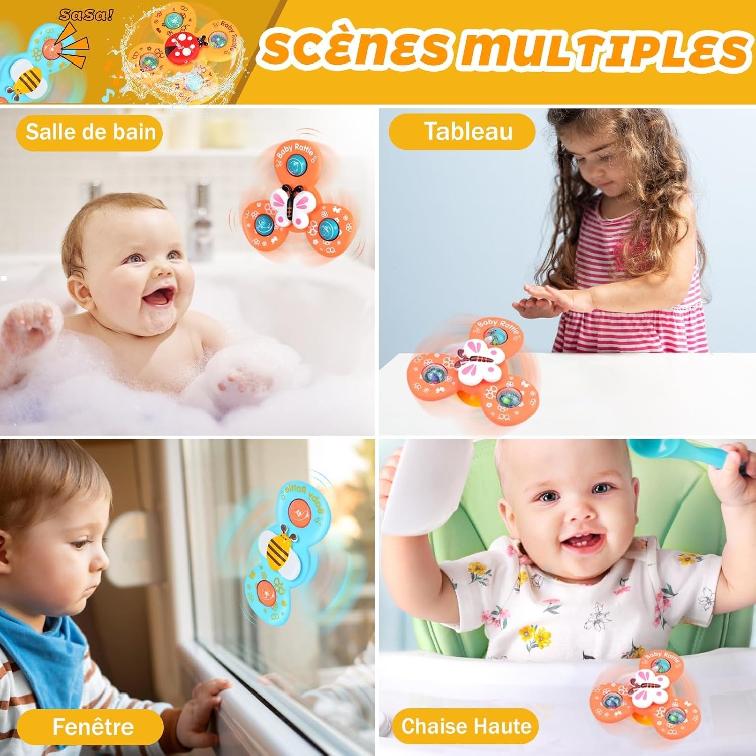 3pcs Baby Rattles Set with Suction Cup Spinner Toy for On-the-Go Fun deal for Travel, Dining Table, and Bathroom Use