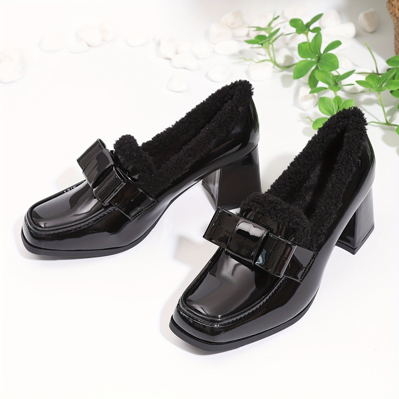 Chic Black Square-Toe Loafers for Women - Fashionable Plush Lined Chunky Heel Pumps, Versatile & Warm for Winter