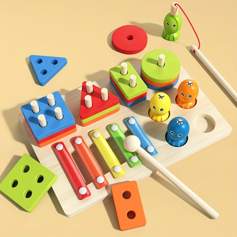 Wooden Stacking and Sorting Board with 16 Geometric Shape Puzzles