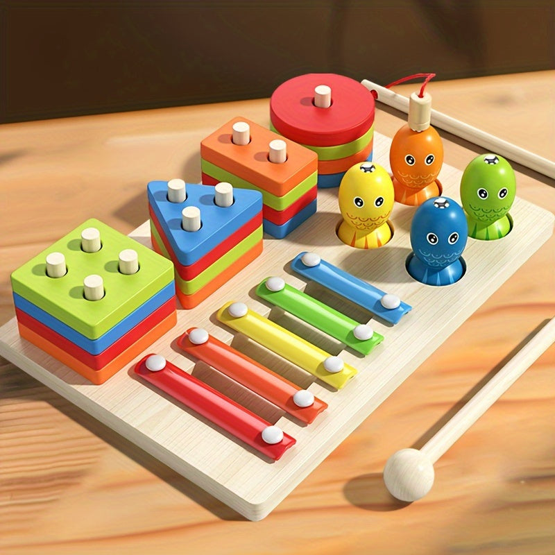 Wooden Stacking and Sorting Board with 16 Geometric Shape Puzzles
