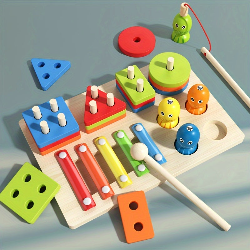 Wooden Stacking and Sorting Board with 16 Geometric Shape Puzzles