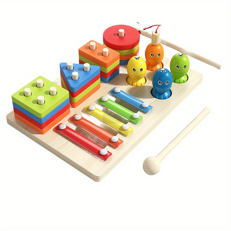 Wooden Stacking and Sorting Board with 16 Geometric Shape Puzzles